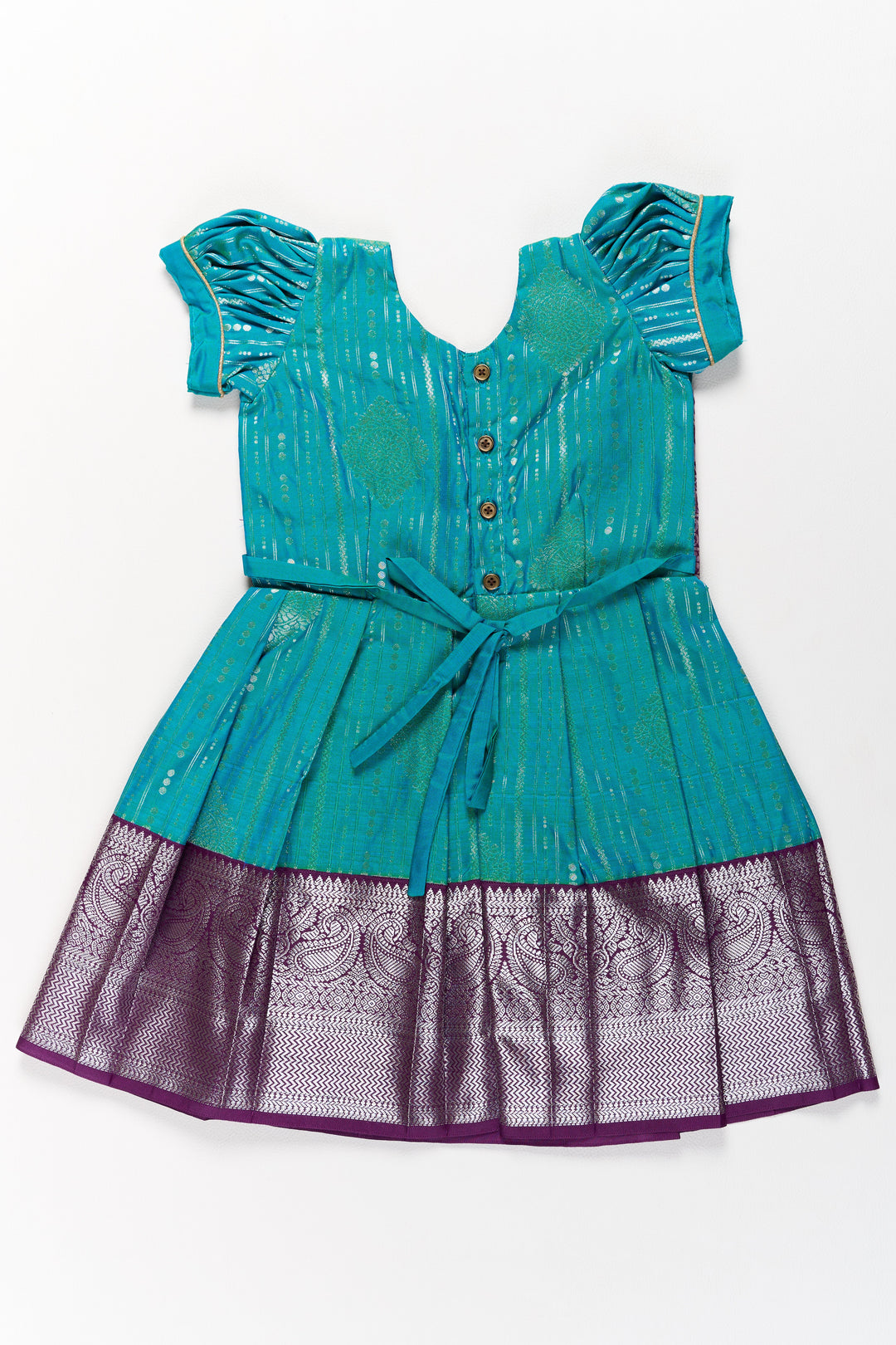 The Nesavu Girls Kanchi Silk Frock Elegant Blue and Silver Pattu Pavadai Sattai for Girls with Zari Work Nesavu Nesavu Elegant Blue Silver Pattu Pavadai Sattai Girls Zari Work