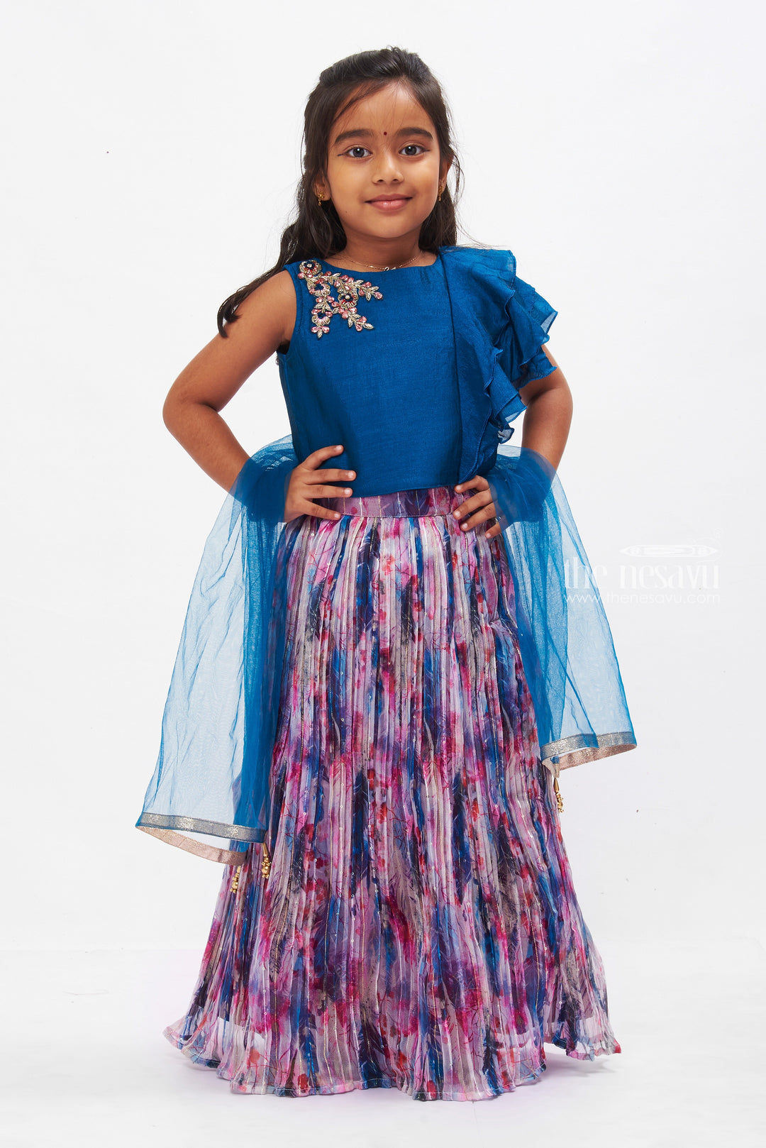 The Nesavu Girls Lehenga Choli Elegant Blue Floral Lehenga Choli Set for Girls - Traditional with a Modern Twist Nesavu 16 (1Y) / Blue GL407A-16 Shop Girls Designer Floral Lehenga Choli | Blue Festive Wear for Kids | The Nesavu