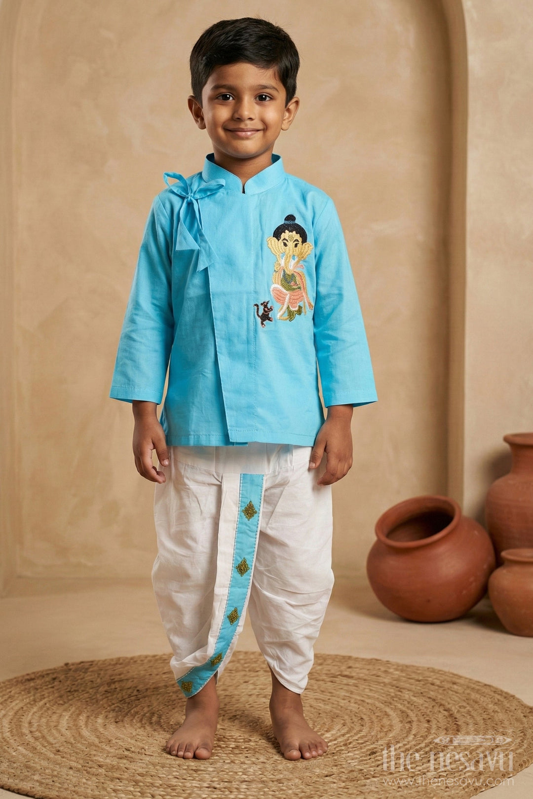 The Nesavu Boys Dothi Set Elegant Blue Ganesh Utsav Baby Kurtha with Dothi Pant Set Nesavu 12 (3M) / Blue BES555C-12 Elegant Blue Ganesh Utsav Baby Kurtha with Dothi Pant Set - Festive Wear | The Nesavu