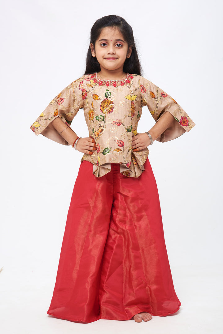 The Nesavu Girls Sharara / Plazo Set Elegant Blush: Girls Floral-Printed Beige Kurti and Deep Maroon Palazzo Set Nesavu 24 (5Y) / Maroon / Viscose Chinon GPS225B-24 Floral-Printed Kurti and Palazzo Set | Traditional Meets Contemporary Kids Wear | The Nesavu