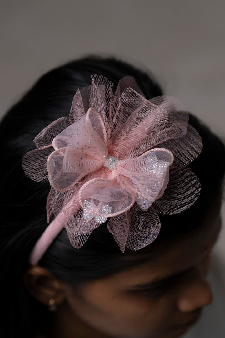 The Nesavu Hair Band Elegant Blush Pink Glitter Tulle Hairbow on Slim Band Nesavu Pink JHB76A Blush Pink Glitter Tulle Hairbow | Elegant Hairband for Special Occasions | The Nesavu