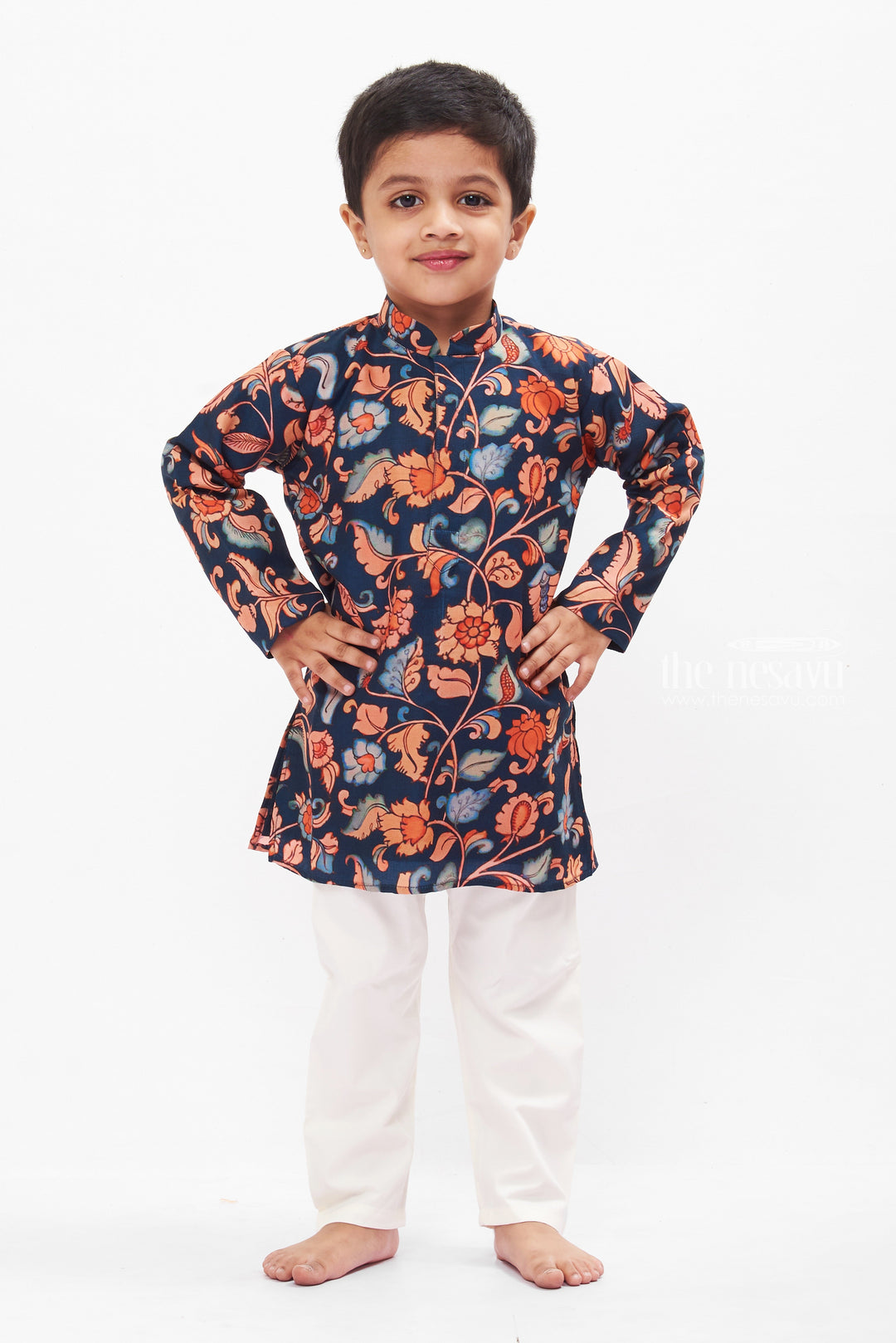 The Nesavu Boys Kurtha Set Elegant Boys Navy Floral Kurta Set - Traditional with a Modern Twist Nesavu 14 (6M) / Blue BES506A-14 Boys Navy Floral Printed Kurta Set | Chic and Versatile Outfits | The Nesavu