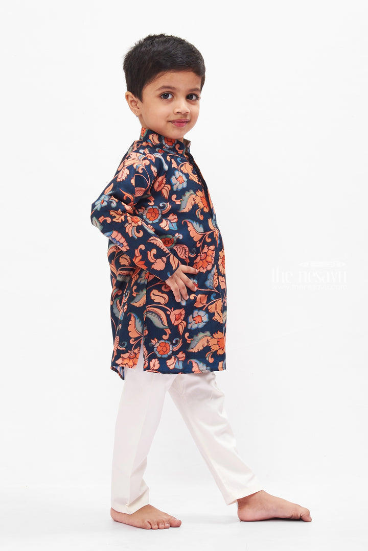 The Nesavu Boys Kurtha Set Elegant Boys Navy Floral Kurta Set - Traditional with a Modern Twist Nesavu Boys Navy Floral Printed Kurta Set | Chic and Versatile Outfits | The Nesavu