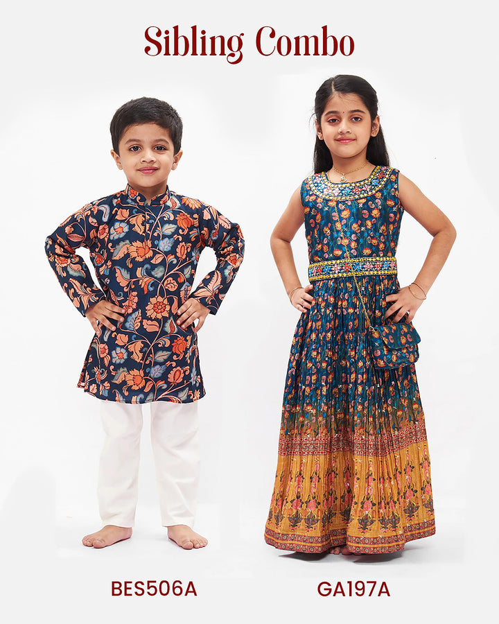 The Nesavu Boys Kurtha Set Elegant Boys Navy Floral Kurta Set - Traditional with a Modern Twist Nesavu Boys Navy Floral Printed Kurta Set | Chic and Versatile Outfits | The Nesavu