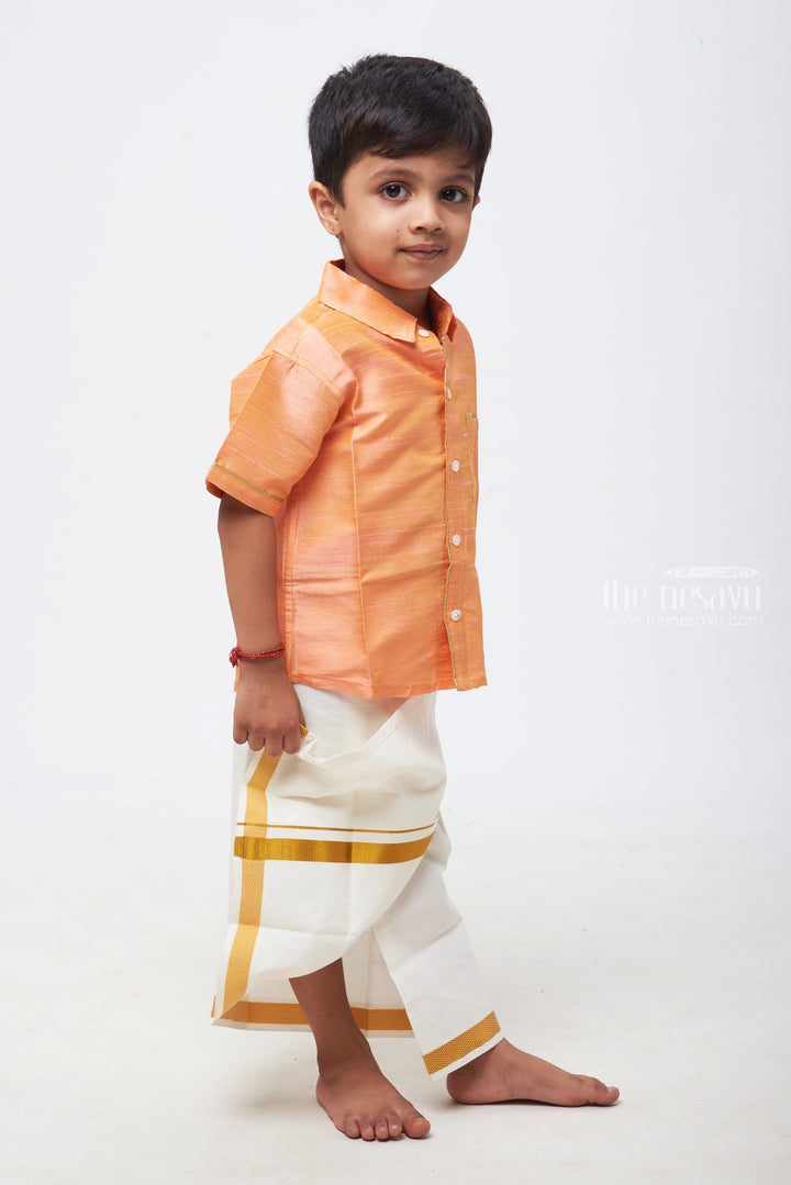 The Nesavu Boys Silk Shirt Elegant Boys Salmon Silk Shirt with Contrasting Detailing: Ideal for Celebratory Events and Traditional Gatherings Nesavu Trendy and Comfortable Boys Silk Shirts | Stylish Kids Wear | The Nesavu