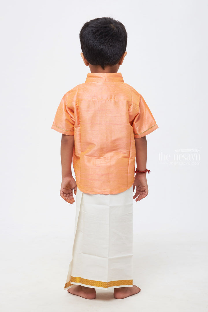 The Nesavu Boys Silk Shirt Elegant Boys Salmon Silk Shirt with Contrasting Detailing: Ideal for Celebratory Events and Traditional Gatherings Nesavu Trendy and Comfortable Boys Silk Shirts | Stylish Kids Wear | The Nesavu