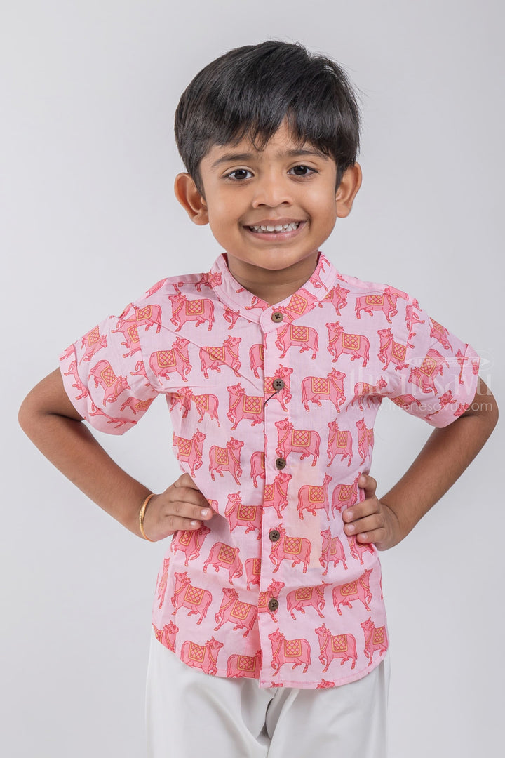 The Nesavu Boys Cotton Shirt Elegant Boys' Shirt with Pichwai Cow Print | Cotton | Nesavu | Symbolize Prosperity and Serenity psr silks Nesavu 14 (6M) / Pink / Cotton BS039C