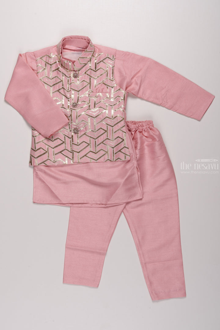 The Nesavu Boys Jacket Sets Elegant Boys Soft Pink Zari Embroidered Kurta with Pant and Overcoat Set: Traditional Ethnic Wear Nesavu 16 (1Y) / Pink / Blend Silk BES430B-16 Boys Soft Pink Zari Embroidered Ensemble | Traditional Festive Wear | The Nesavu