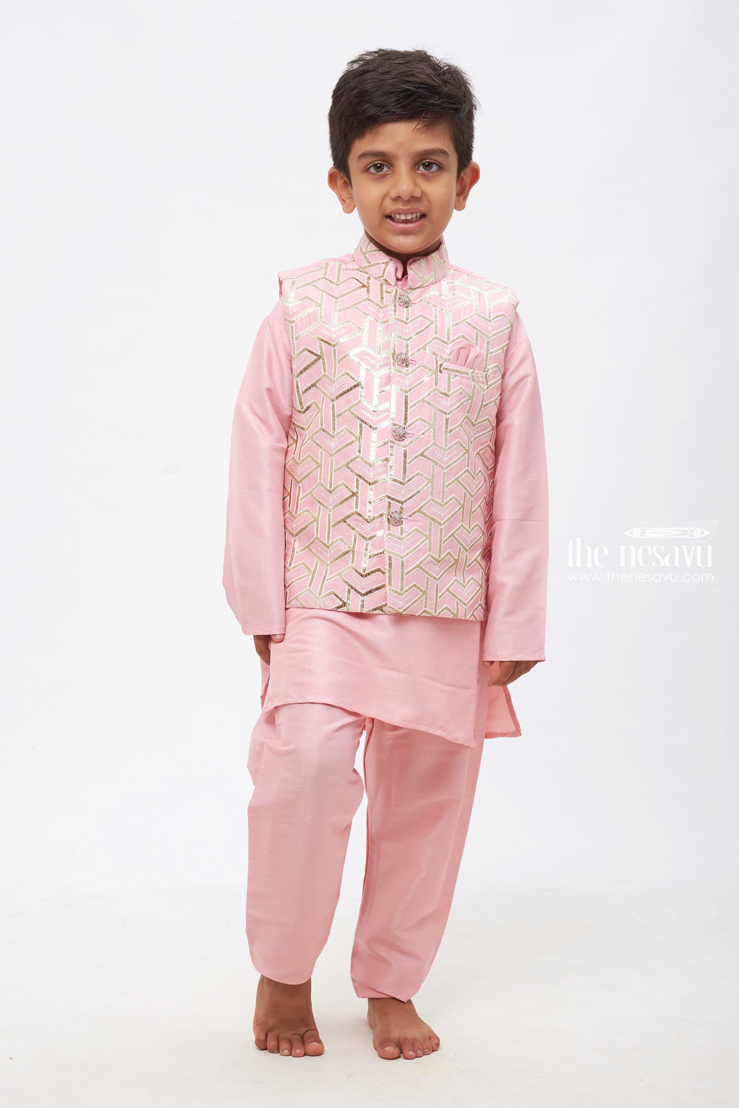 The Nesavu Boys Jacket Sets Elegant Boys Soft Pink Zari Embroidered Kurta with Pant and Overcoat Set: Traditional Ethnic Wear Nesavu 16 (1Y) / Pink / Blend Silk BES430B-16 Boys Soft Pink Zari Embroidered Ensemble | Traditional Festive Wear | The Nesavu