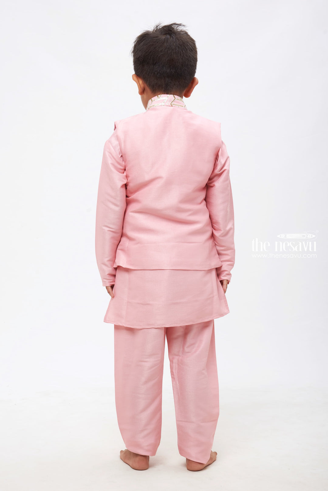 The Nesavu Boys Jacket Sets Elegant Boys Soft Pink Zari Embroidered Kurta with Pant and Overcoat Set: Traditional Ethnic Wear Nesavu Boys Soft Pink Zari Embroidered Ensemble | Traditional Festive Wear | The Nesavu