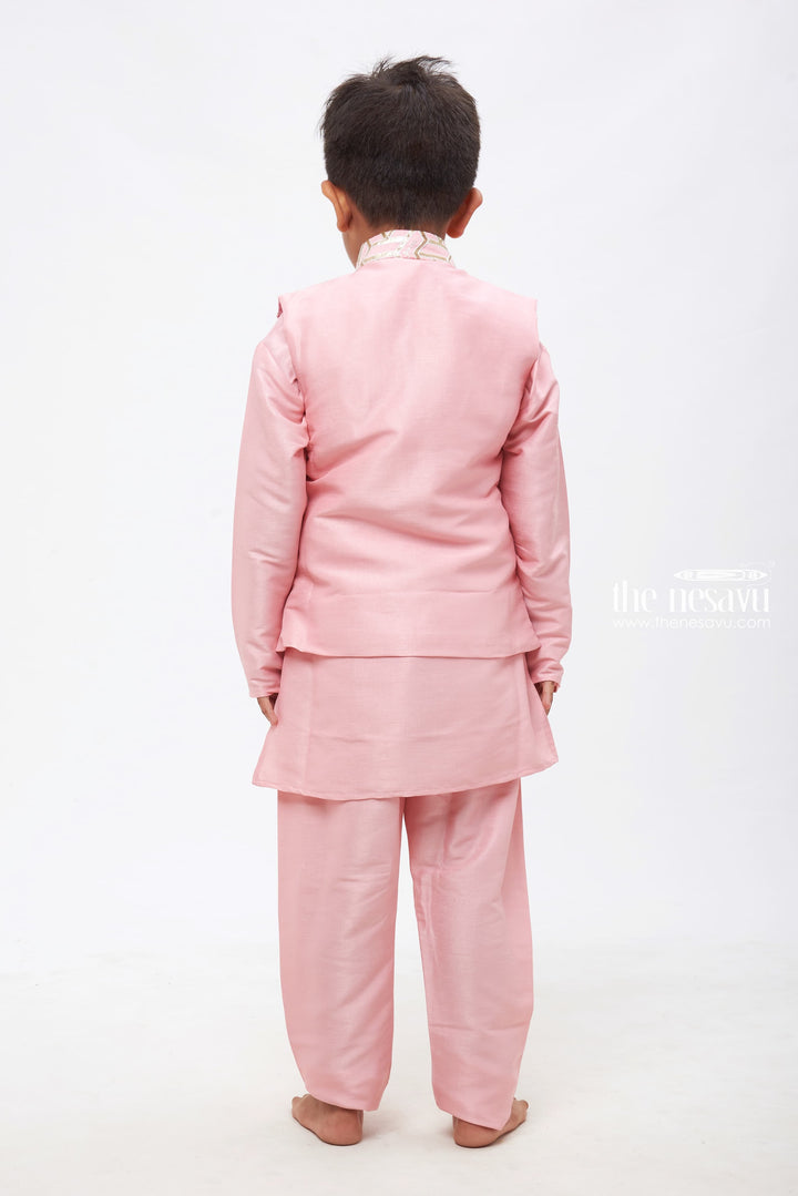 The Nesavu Boys Jacket Sets Elegant Boys Soft Pink Zari Embroidered Kurta with Pant and Overcoat Set: Traditional Ethnic Wear Nesavu Boys Soft Pink Zari Embroidered Ensemble | Traditional Festive Wear | The Nesavu