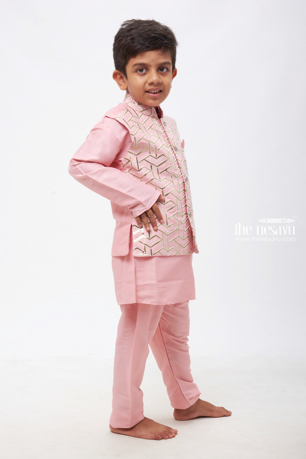 The Nesavu Boys Jacket Sets Elegant Boys Soft Pink Zari Embroidered Kurta with Pant and Overcoat Set: Traditional Ethnic Wear Nesavu Boys Soft Pink Zari Embroidered Ensemble | Traditional Festive Wear | The Nesavu