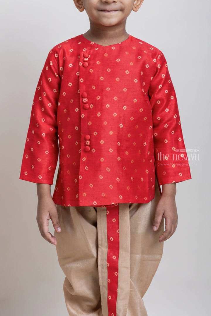 The Nesavu Boys Dothi Set Elegant Cherry Red Ethnic Kuta With Contrast Dhoti For Boys Nesavu Ethnic Wear Collection for Boys | Premium Kurta set | The Nesavu