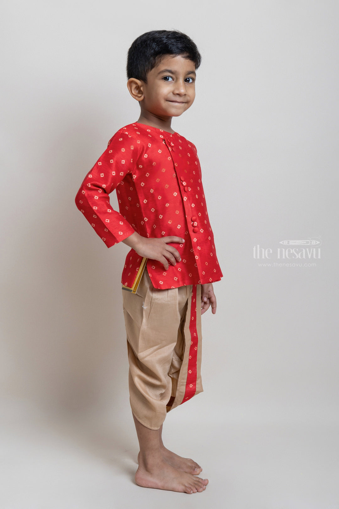 The Nesavu Boys Dothi Set Elegant Cherry Red Ethnic Kuta With Contrast Dhoti For Boys Nesavu Ethnic Wear Collection for Boys | Premium Kurta set | The Nesavu