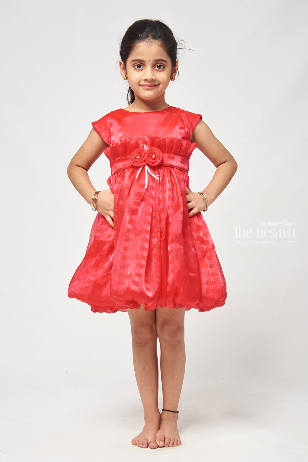 The Nesavu Girls Fancy Frock Elegant Chiffon Dress Sleeveless Elegance with Draped Detailing Nesavu 16 (1Y) / Red / Organza GFC1122B-16 Chic A-line Birthday Dress For Kids - Perfect For Photoshoots | The Nesavu