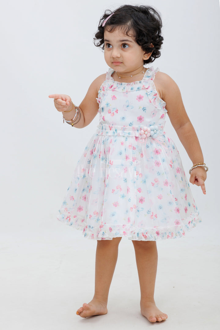 The Nesavu Baby Fancy Frock Elegant Chikankari Frock - Sleeveless Organza Printed Baby Dress Nesavu 14 (6M) / White BFJ581A-14 Elegant Chikankari Frock - Nesavu | Organza Printed Baby Dress