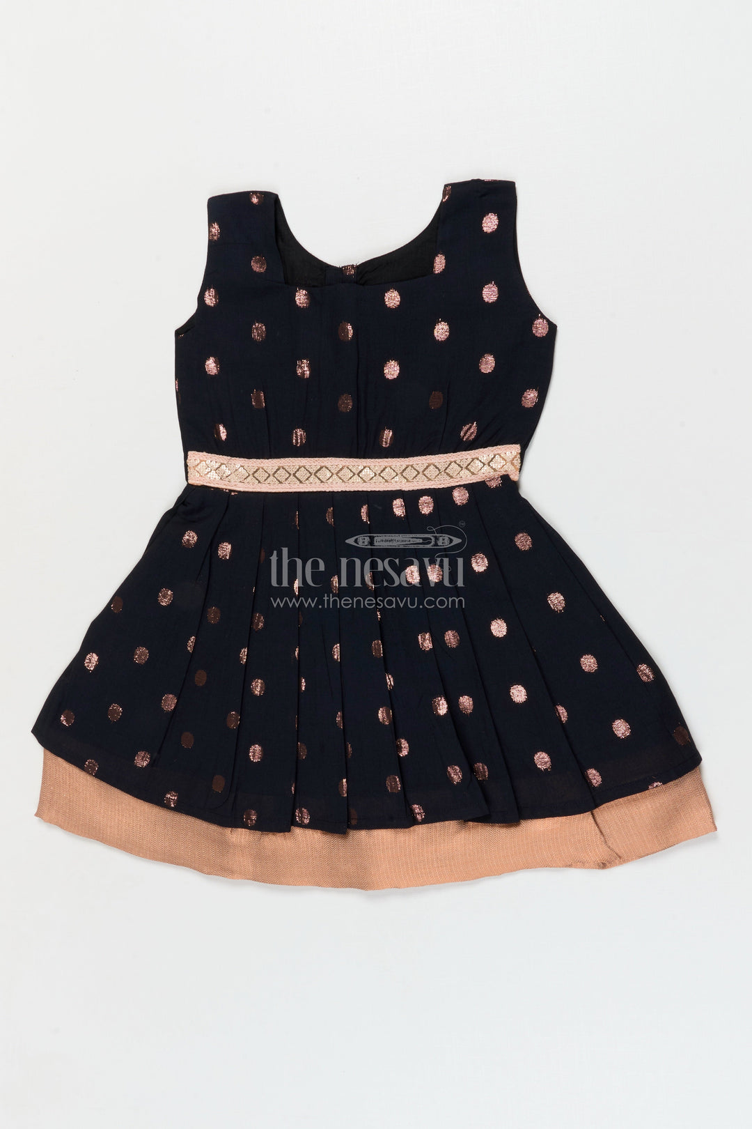 The Nesavu Girls Cotton Frock Elegant Cotton Frock for Girls with Copper Zari Polka Butti and Designer Waist Detail Nesavu 18 (2Y) / Black / Cotton GFC2079A-18 Nesavu girls cotton frock with copper zari butti and embroidered waist – festive and elegant