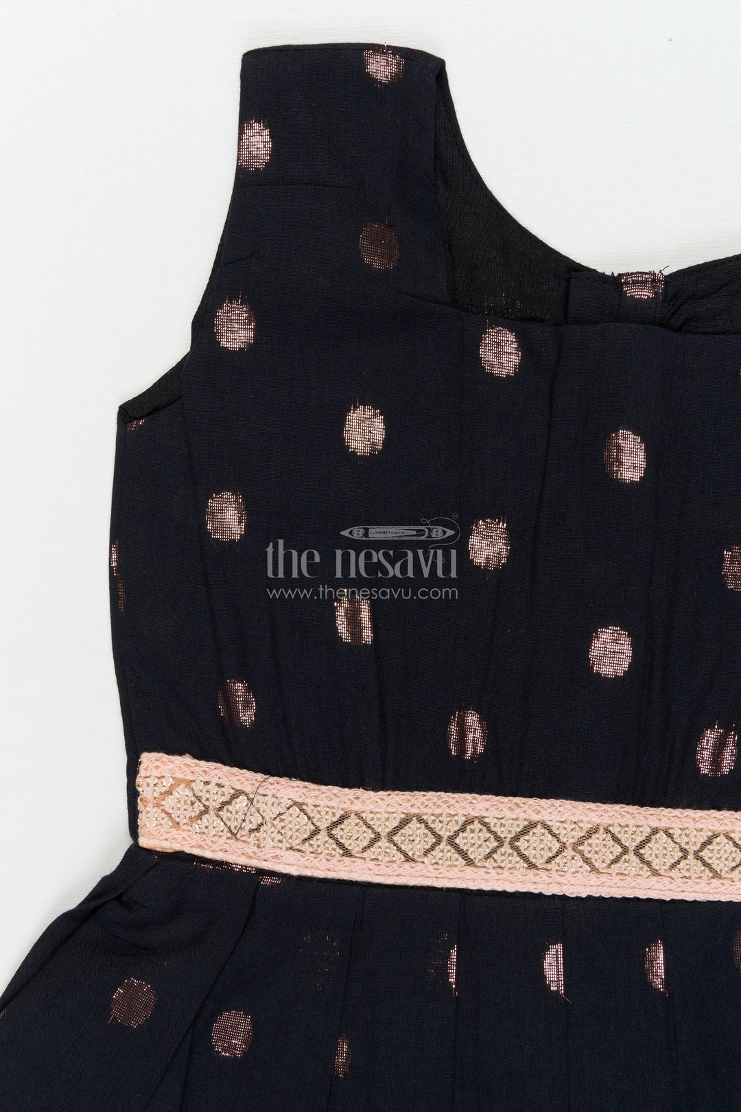 The Nesavu Girls Cotton Frock Elegant Cotton Frock for Girls with Copper Zari Polka Butti and Designer Waist Detail Nesavu Nesavu girls cotton frock with copper zari butti and embroidered waist – festive and elegant