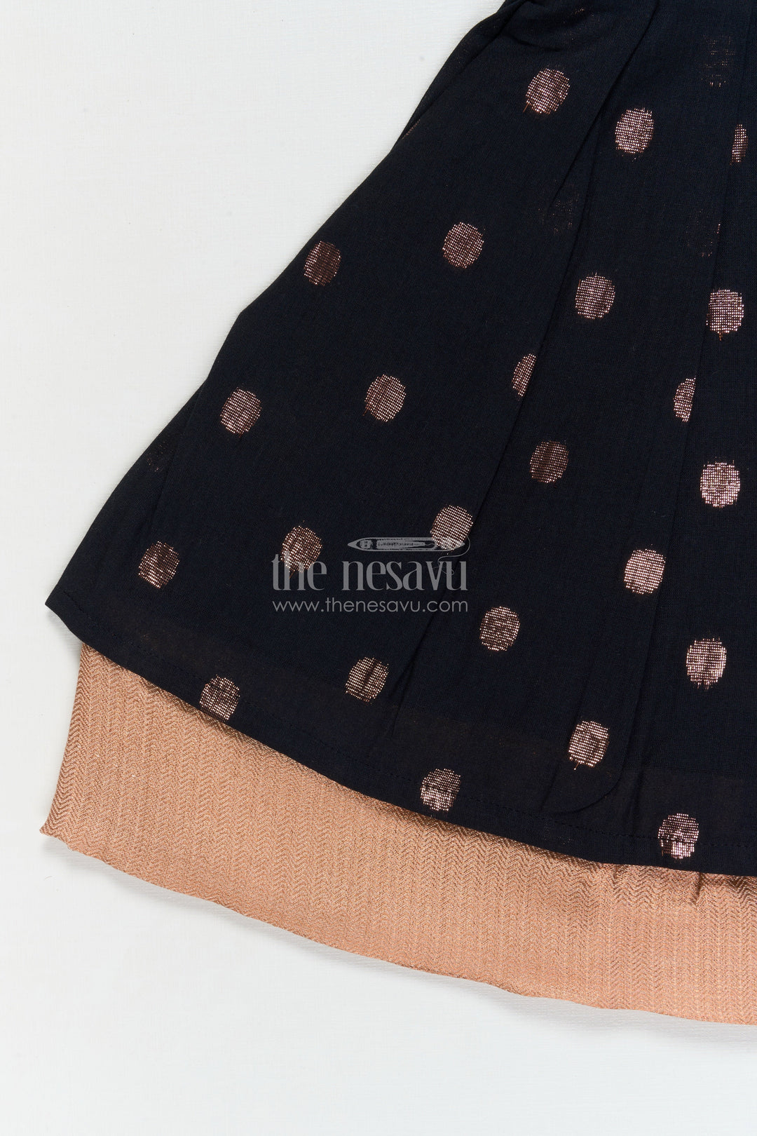 The Nesavu Girls Cotton Frock Elegant Cotton Frock for Girls with Copper Zari Polka Butti and Designer Waist Detail Nesavu Nesavu girls cotton frock with copper zari butti and embroidered waist – festive and elegant