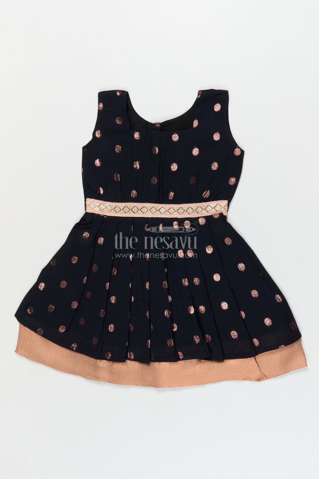 The Nesavu Girls Cotton Frock Elegant Cotton Frock for Girls with Copper Zari Polka Butti and Designer Waist Detail Nesavu Nesavu girls cotton frock with copper zari butti and embroidered waist – festive and elegant