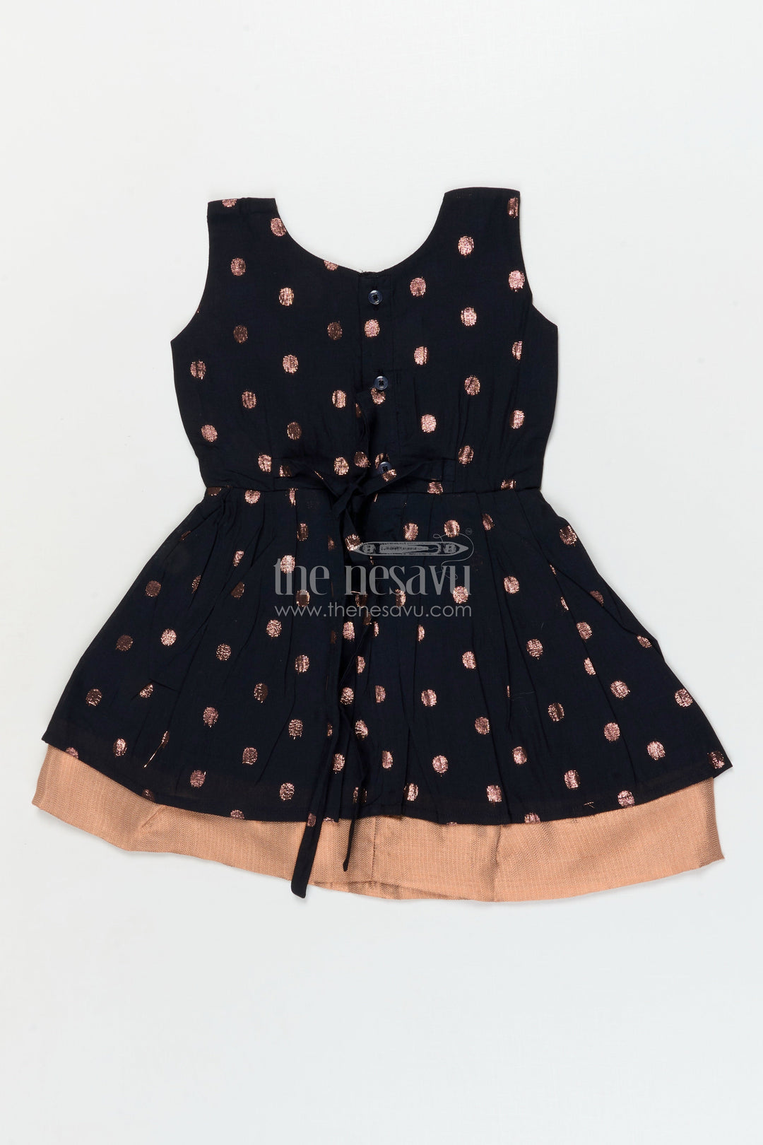 The Nesavu Girls Cotton Frock Elegant Cotton Frock for Girls with Copper Zari Polka Butti and Designer Waist Detail Nesavu Nesavu girls cotton frock with copper zari butti and embroidered waist – festive and elegant