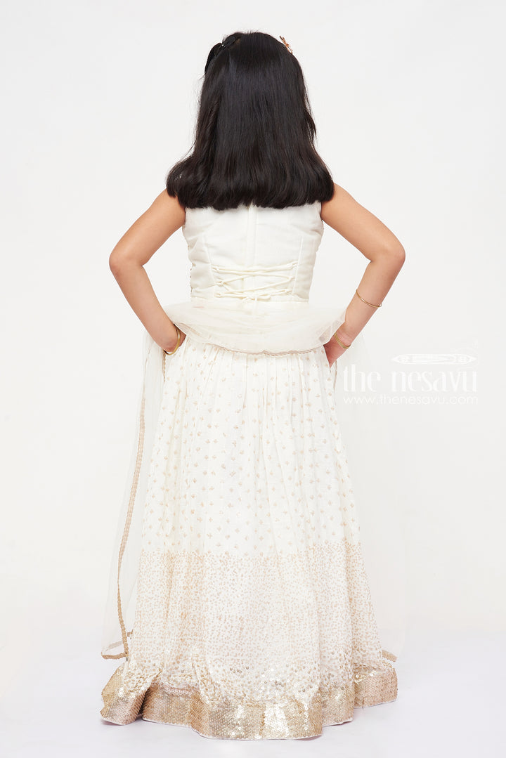 The Nesavu Girls Lehenga Choli Elegant Cream and Gold Sleeveless Gown for Girls Nesavu Elegant Cream and Gold Sleeveless Gown for Girls - Stunning & Comfortable