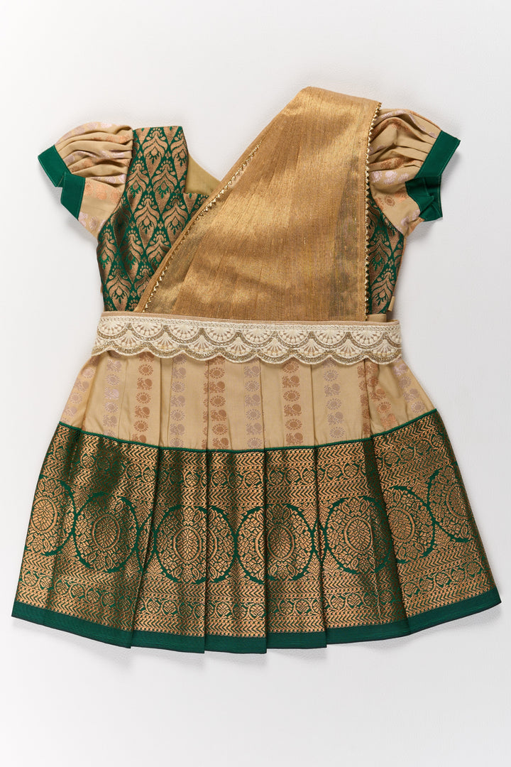 The Nesavu Girls Kanchi Silk Frock Elegant Cream and Green Pattu Pavadai for Girls with Traditional Zari Accents Nesavu 14 (6M) / Cream / Style 1 SF845AA-14 Nesavu Elegant Cream Green Pattu Pavadai Girls Traditional Zari Accents