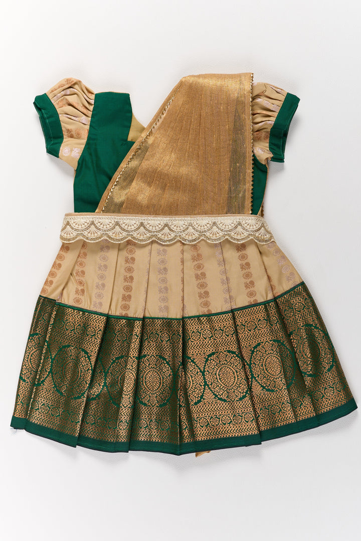 The Nesavu Girls Kanchi Silk Frock Elegant Cream and Green Pattu Pavadai for Girls with Traditional Zari Accents Nesavu 14 (6M) / Cream / Style 3 SF845AC-14 Nesavu Elegant Cream Green Pattu Pavadai Girls Traditional Zari Accents