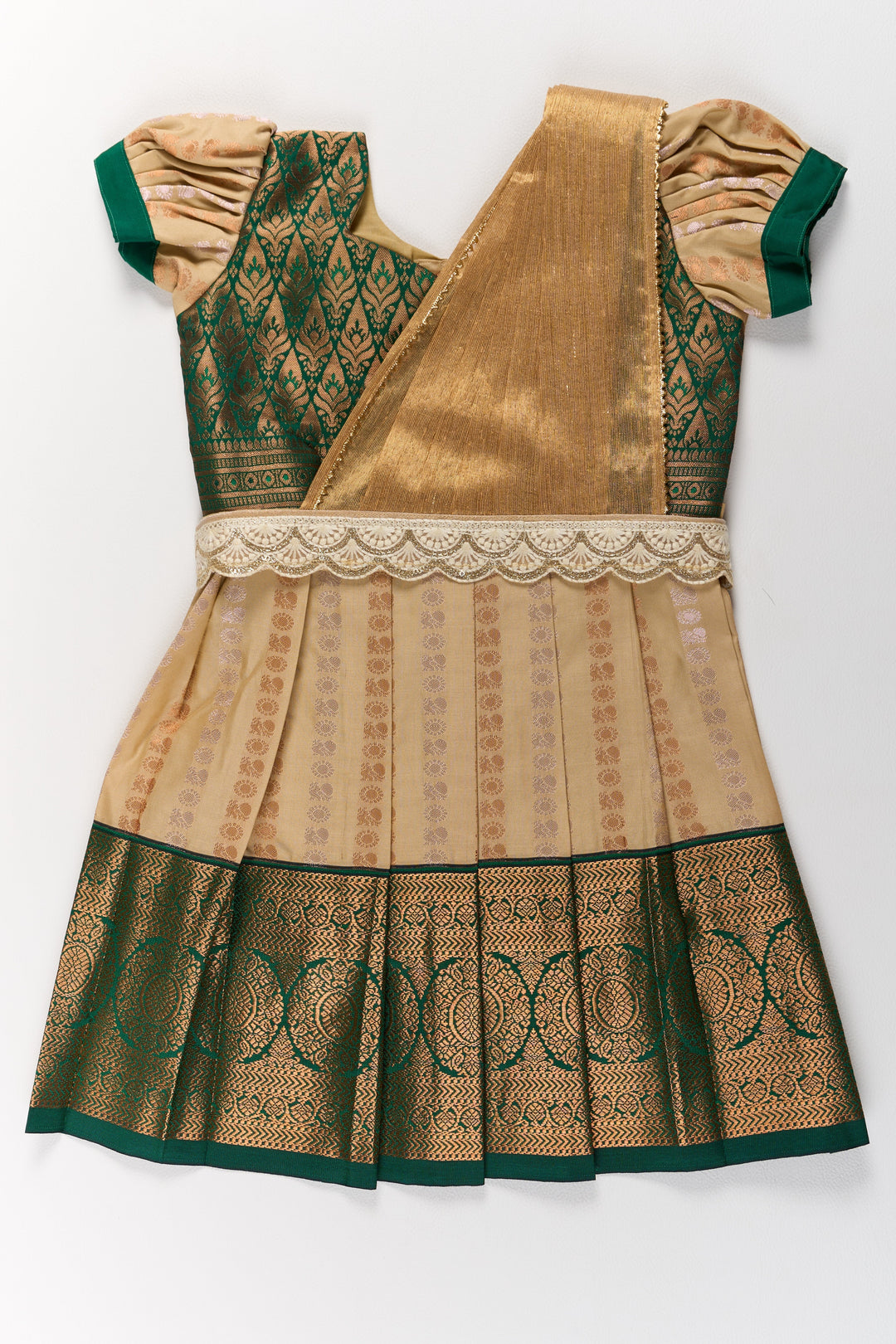 The Nesavu Girls Kanchi Silk Frock Elegant Cream and Green Pattu Pavadai for Girls with Traditional Zari Accents Nesavu 20 (3Y) / Cream / Style 2 SF845AB-20 Nesavu Elegant Cream Green Pattu Pavadai Girls Traditional Zari Accents
