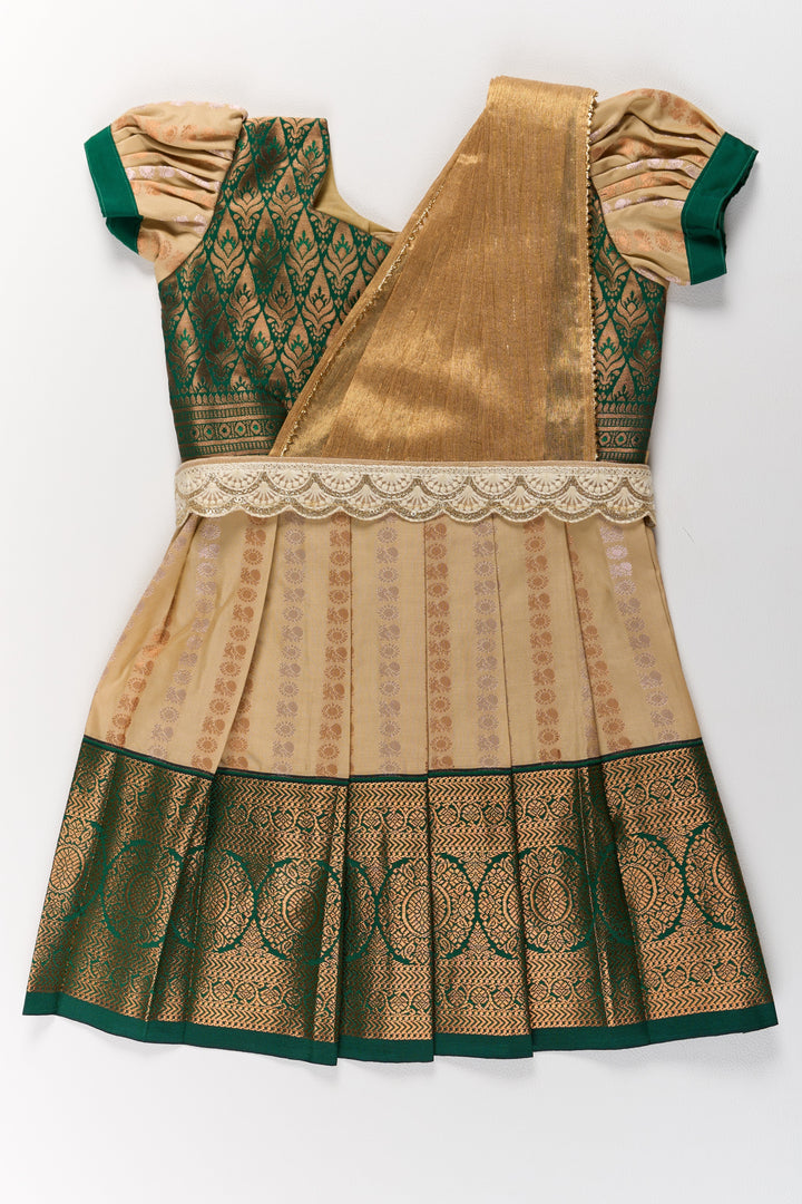The Nesavu Girls Kanchi Silk Frock Elegant Cream and Green Pattu Pavadai for Girls with Traditional Zari Accents Nesavu 20 (3Y) / Cream / Style 2 SF845AB-20 Nesavu Elegant Cream Green Pattu Pavadai Girls Traditional Zari Accents