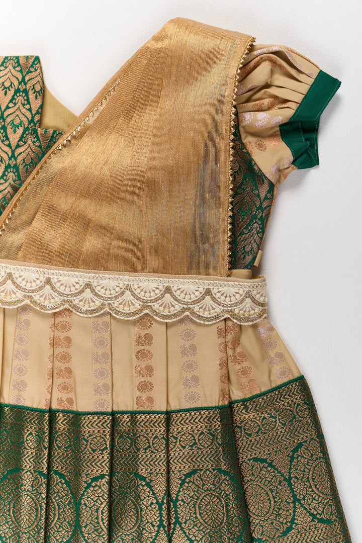 The Nesavu Girls Kanchi Silk Frock Elegant Cream and Green Pattu Pavadai for Girls with Traditional Zari Accents Nesavu Nesavu Elegant Cream Green Pattu Pavadai Girls Traditional Zari Accents