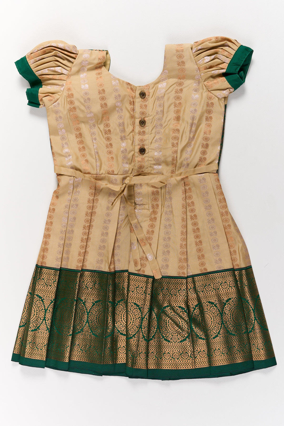 The Nesavu Girls Kanchi Silk Frock Elegant Cream and Green Pattu Pavadai for Girls with Traditional Zari Accents Nesavu Nesavu Elegant Cream Green Pattu Pavadai Girls Traditional Zari Accents