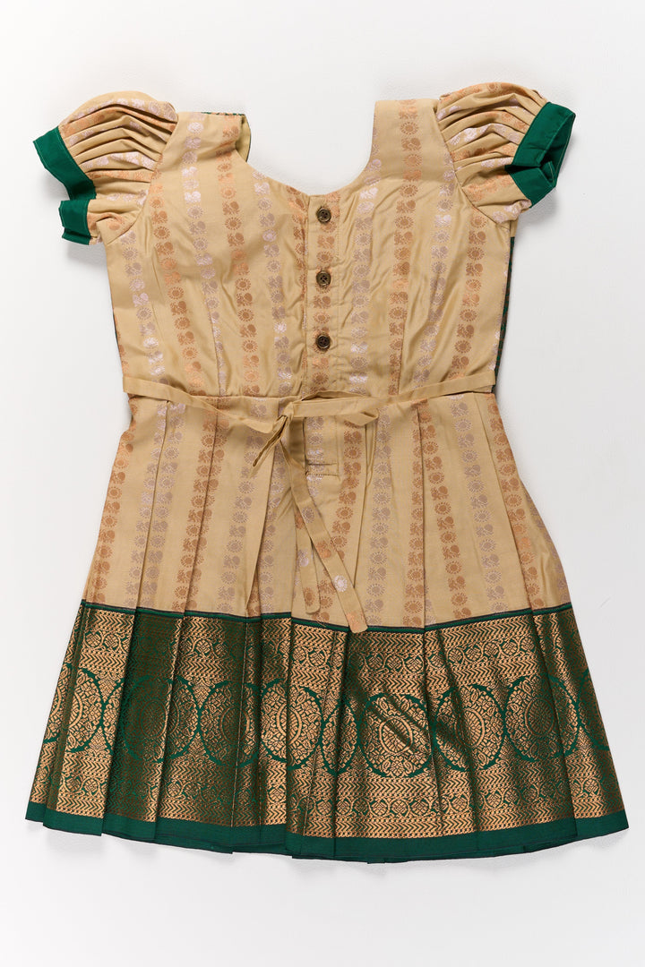 The Nesavu Girls Kanchi Silk Frock Elegant Cream and Green Pattu Pavadai for Girls with Traditional Zari Accents Nesavu Nesavu Elegant Cream Green Pattu Pavadai Girls Traditional Zari Accents