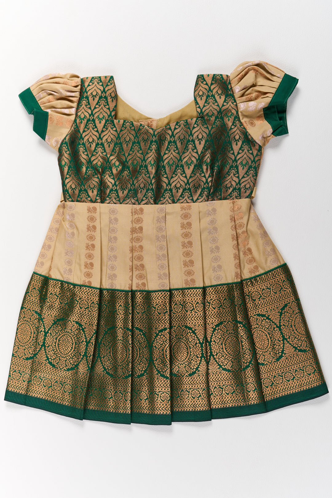 The Nesavu Girls Kanchi Silk Frock Elegant Cream and Green Pattu Pavadai for Girls with Traditional Zari Accents Nesavu Nesavu Elegant Cream Green Pattu Pavadai Girls Traditional Zari Accents