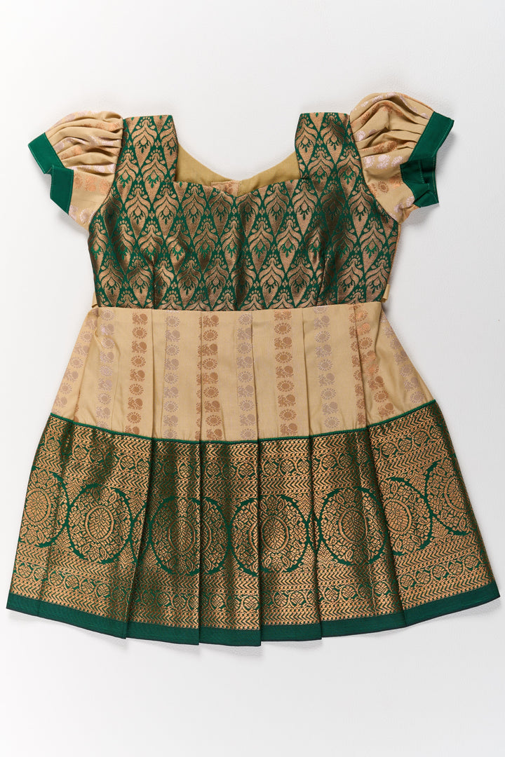 The Nesavu Girls Kanchi Silk Frock Elegant Cream and Green Pattu Pavadai for Girls with Traditional Zari Accents Nesavu Nesavu Elegant Cream Green Pattu Pavadai Girls Traditional Zari Accents