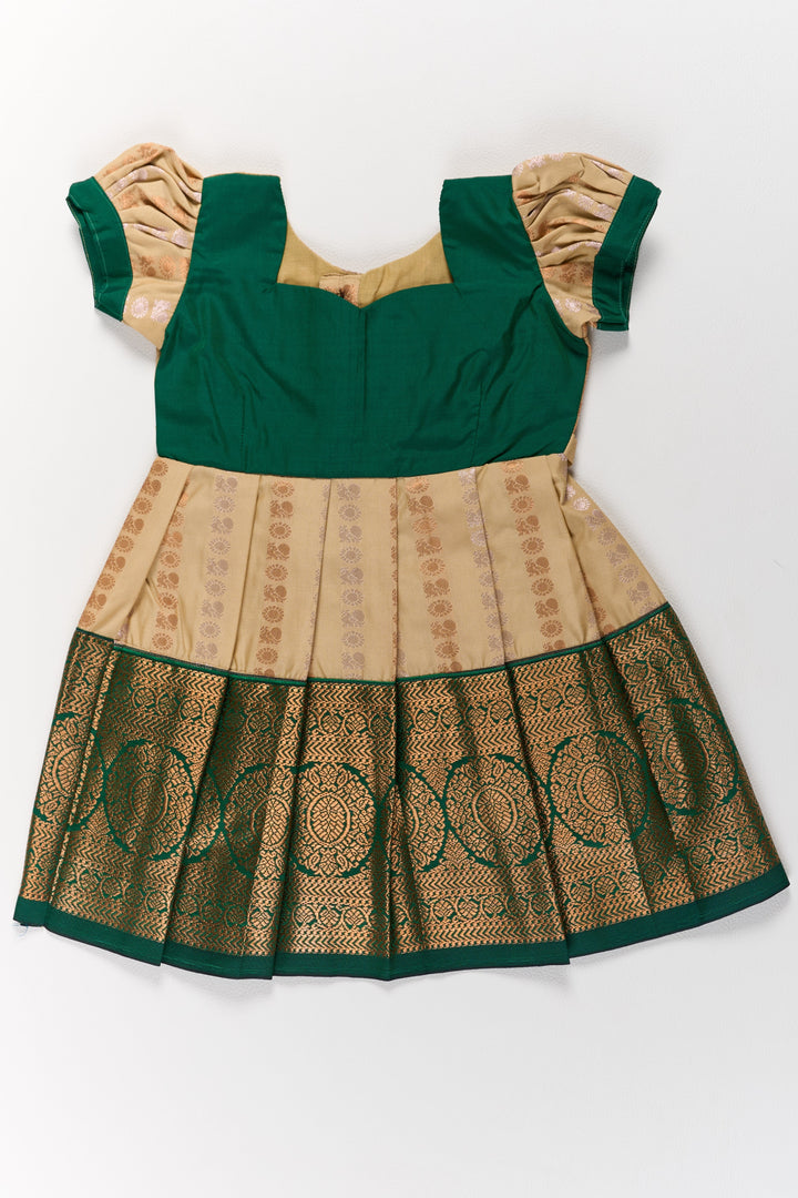 The Nesavu Girls Kanchi Silk Frock Elegant Cream and Green Pattu Pavadai for Girls with Traditional Zari Accents Nesavu Nesavu Elegant Cream Green Pattu Pavadai Girls Traditional Zari Accents