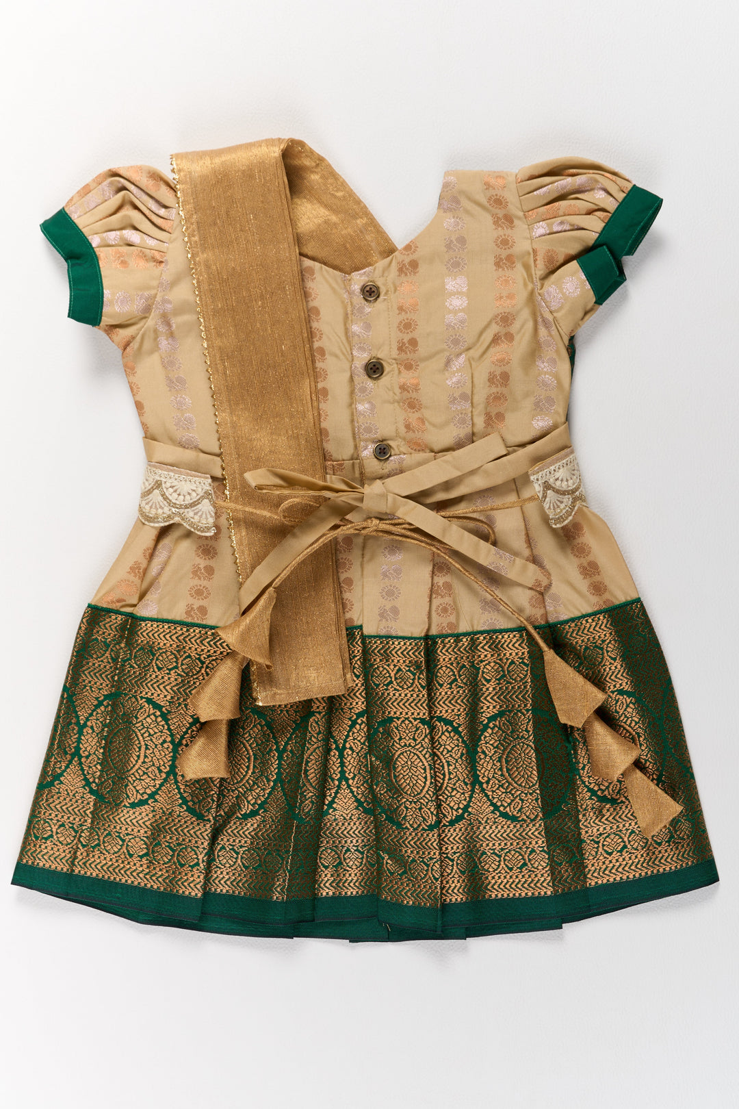The Nesavu Girls Kanchi Silk Frock Elegant Cream and Green Pattu Pavadai for Girls with Traditional Zari Accents Nesavu Nesavu Elegant Cream Green Pattu Pavadai Girls Traditional Zari Accents