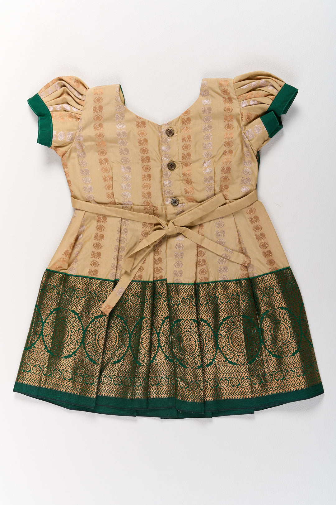 The Nesavu Girls Kanchi Silk Frock Elegant Cream and Green Pattu Pavadai for Girls with Traditional Zari Accents Nesavu Nesavu Elegant Cream Green Pattu Pavadai Girls Traditional Zari Accents