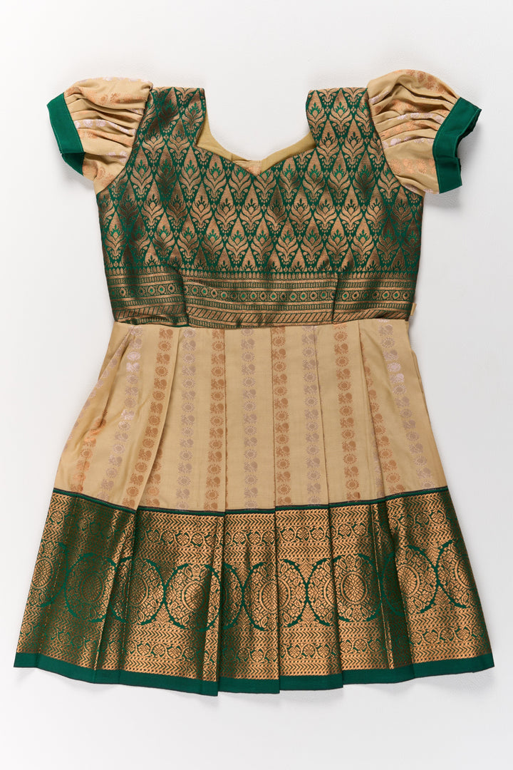 The Nesavu Girls Kanchi Silk Frock Elegant Cream and Green Pattu Pavadai for Girls with Traditional Zari Accents Nesavu Nesavu Elegant Cream Green Pattu Pavadai Girls Traditional Zari Accents