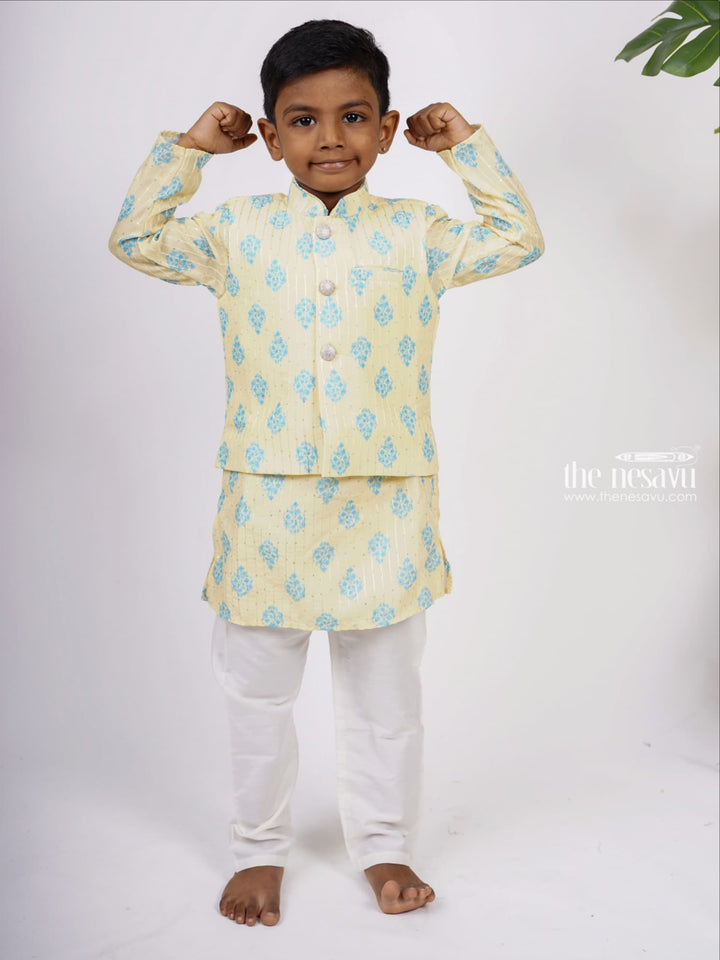 The Nesavu Boys Jacket Sets Elegant Cream With Blue Printed Readymade Cotton Kurta Suit For Boys Nesavu 12 (3M) / Green / Silk Blend BES112-12 Shop Festive Wear Kurta Online | Stylish Wear Design Ideas | The Nesavu