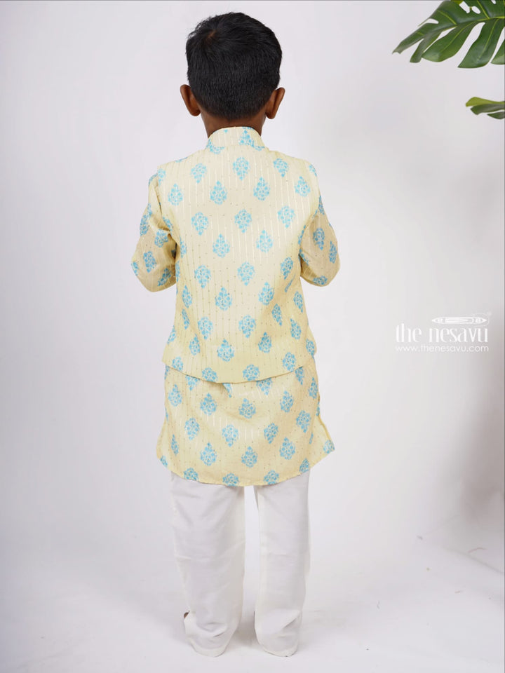 The Nesavu Boys Jacket Sets Elegant Cream With Blue Printed Readymade Cotton Kurta Suit For Boys Nesavu Shop Festive Wear Kurta Online | Stylish Wear Design Ideas | The Nesavu