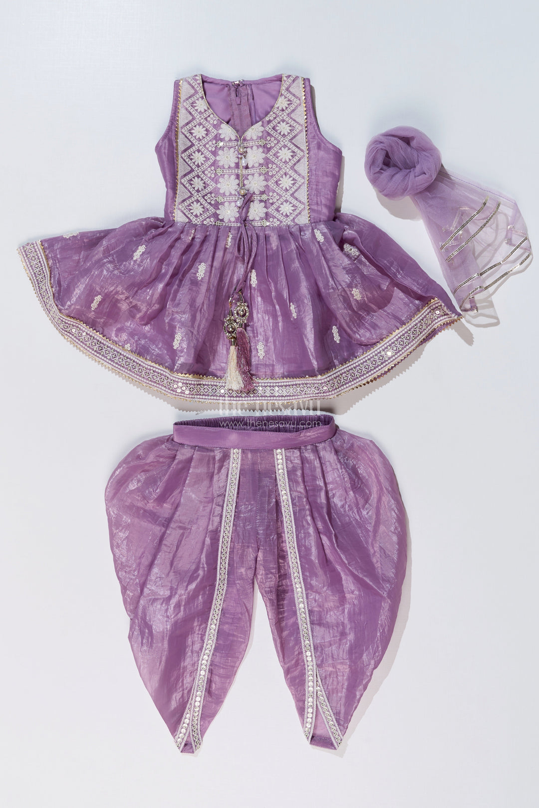 The Nesavu Girls Dothi Sets Elegant Dhoti Pajama Kurta Set for Girls with Glaze Shimmer Organza and Embroidered Details Nesavu Nesavu Elegant Dhoti Pajama Kurta Set Girls Glaze Shimmer Organza Embroidered Details