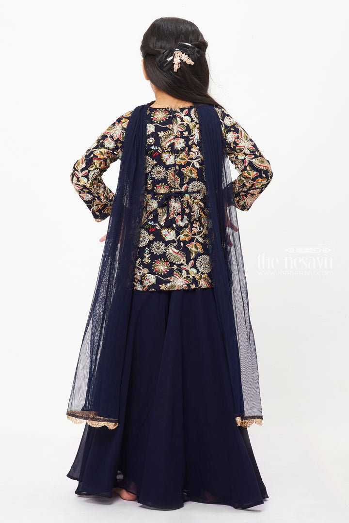 The Nesavu Girls Sharara / Plazo Set Elegant Embroidered Top with Palazzo Set - Traditional Charm with a Modern Twist Nesavu Kids Navy Embroidered Top and Palazzo Set | Fashion for Special Occasions | The Nesavu