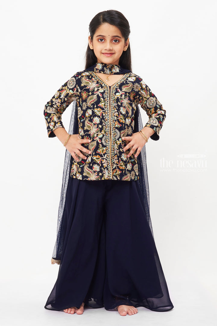 The Nesavu Girls Sharara / Plazo Set Elegant Embroidered Top with Palazzo Set - Traditional Charm with a Modern Twist Nesavu Kids Navy Embroidered Top and Palazzo Set | Fashion for Special Occasions | The Nesavu