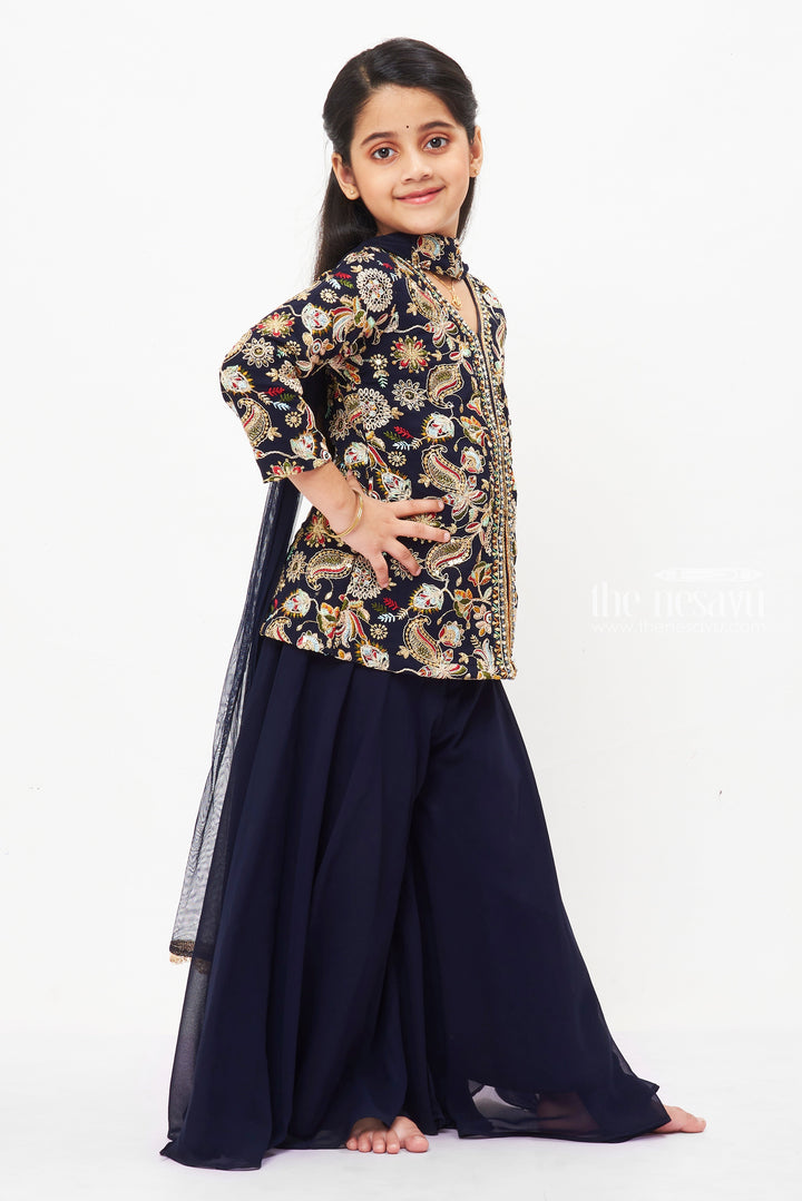 The Nesavu Girls Sharara / Plazo Set Elegant Embroidered Top with Palazzo Set - Traditional Charm with a Modern Twist Nesavu Kids Navy Embroidered Top and Palazzo Set | Fashion for Special Occasions | The Nesavu