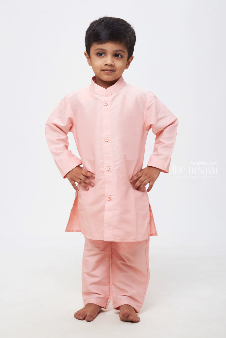 The Nesavu Boys Jacket Sets Elegant Ensemble: Boys Pink Kurta and Pant with Overcoat Jacket Sequin Embroidered Nesavu Elevate Special Occasions | Boys Kurta, Overcoat, and Pant Ensemble | The Nesavu