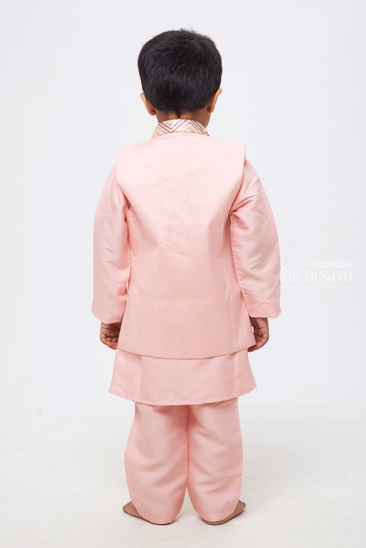 The Nesavu Boys Jacket Sets Elegant Ensemble: Boys Pink Kurta and Pant with Overcoat Jacket Sequin Embroidered Nesavu Elevate Special Occasions | Boys Kurta, Overcoat, and Pant Ensemble | The Nesavu