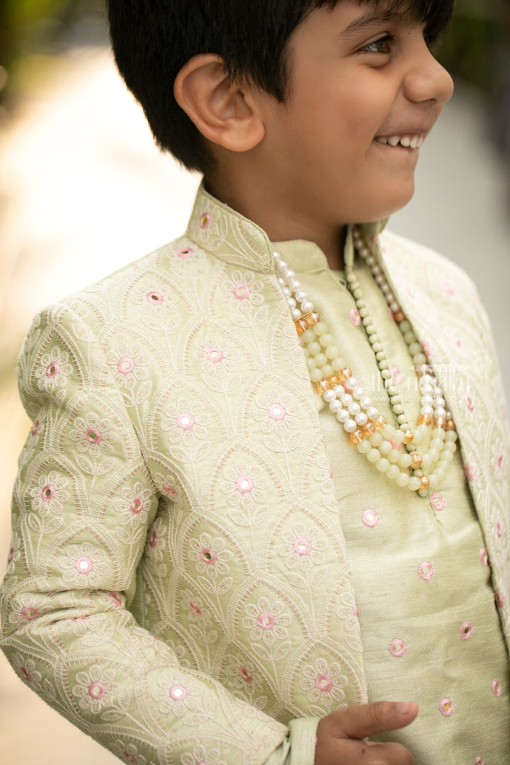 The Nesavu Boys Sherwani Elegant Ethnic Green Silk Kurta And Pant With Floral Embroidered Over Coat For Boys Nesavu Perfect Your Little Boy's Ethnic Look with The Nesavu | Trendy Boys Dresses | The Nesavu