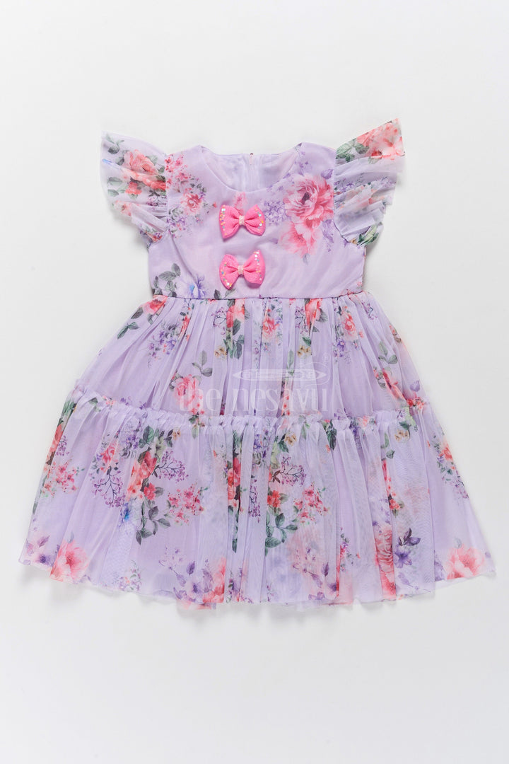 The Nesavu Girls Fancy Frock Elegant Floral Georgette Frock with Layered Ruffles and Bow Embellishments for Girls Nesavu 20 (3Y) / Multicolor GFC1527A-20 Floral Georgette Frock Girls Nesavu - Layered Ruffles Elegant Bow Design