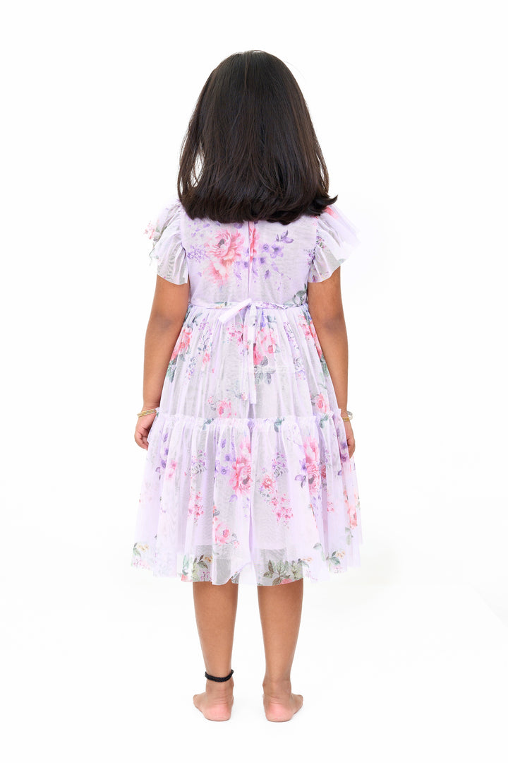 The Nesavu Girls Fancy Frock Elegant Floral Georgette Frock with Layered Ruffles and Bow Embellishments for Girls Nesavu Floral Georgette Frock Girls Nesavu - Layered Ruffles Elegant Bow Design